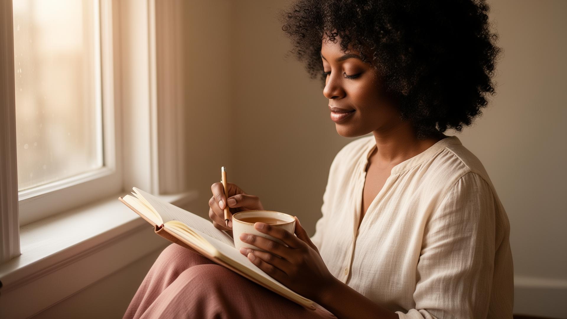 Woman with natural curly hair journaling peacefully with a warm cup of tea in soft morning light