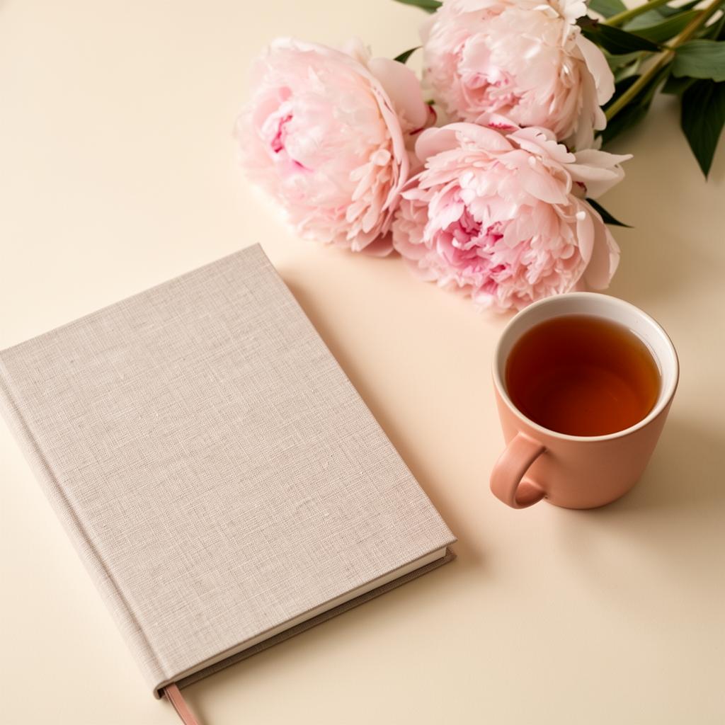 Open journal with tea and blush peonies
